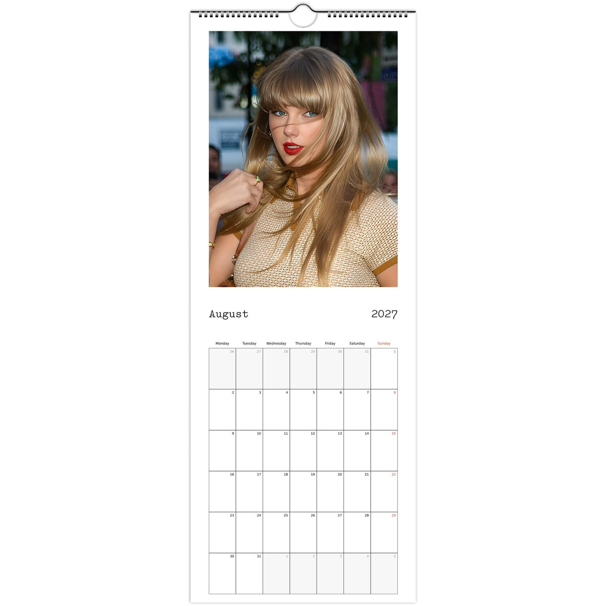 August 2027 page in Taylor Swift slim wall calendar