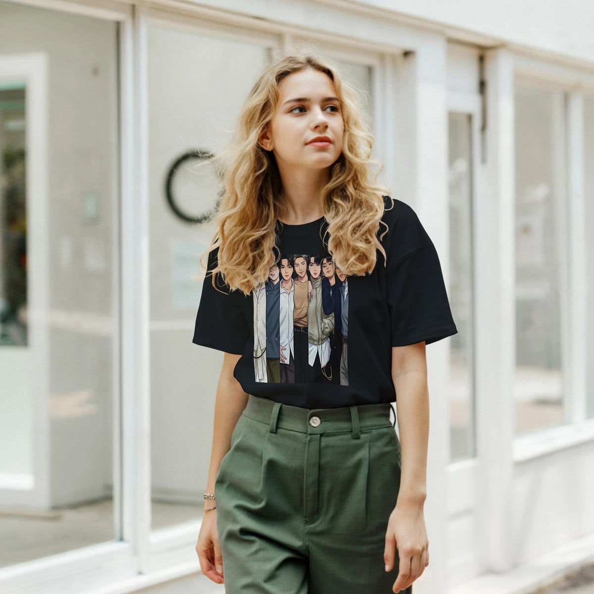 Unisex tee with bold seven‑figure illustration