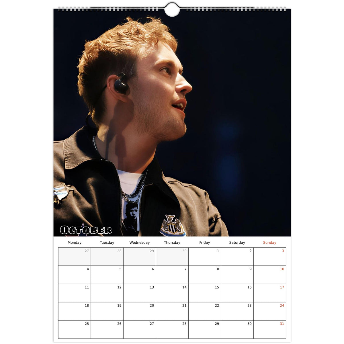 October 2027 page in Sam Fender A3 wall calendar