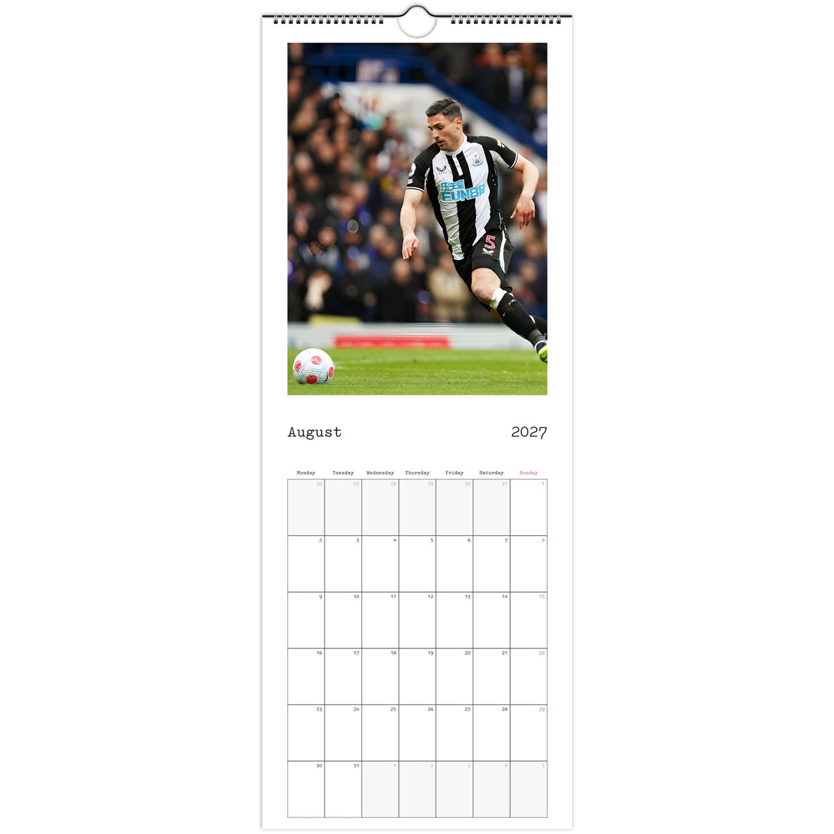 August 2027 page in Newcastle United FC slim wall calendar
