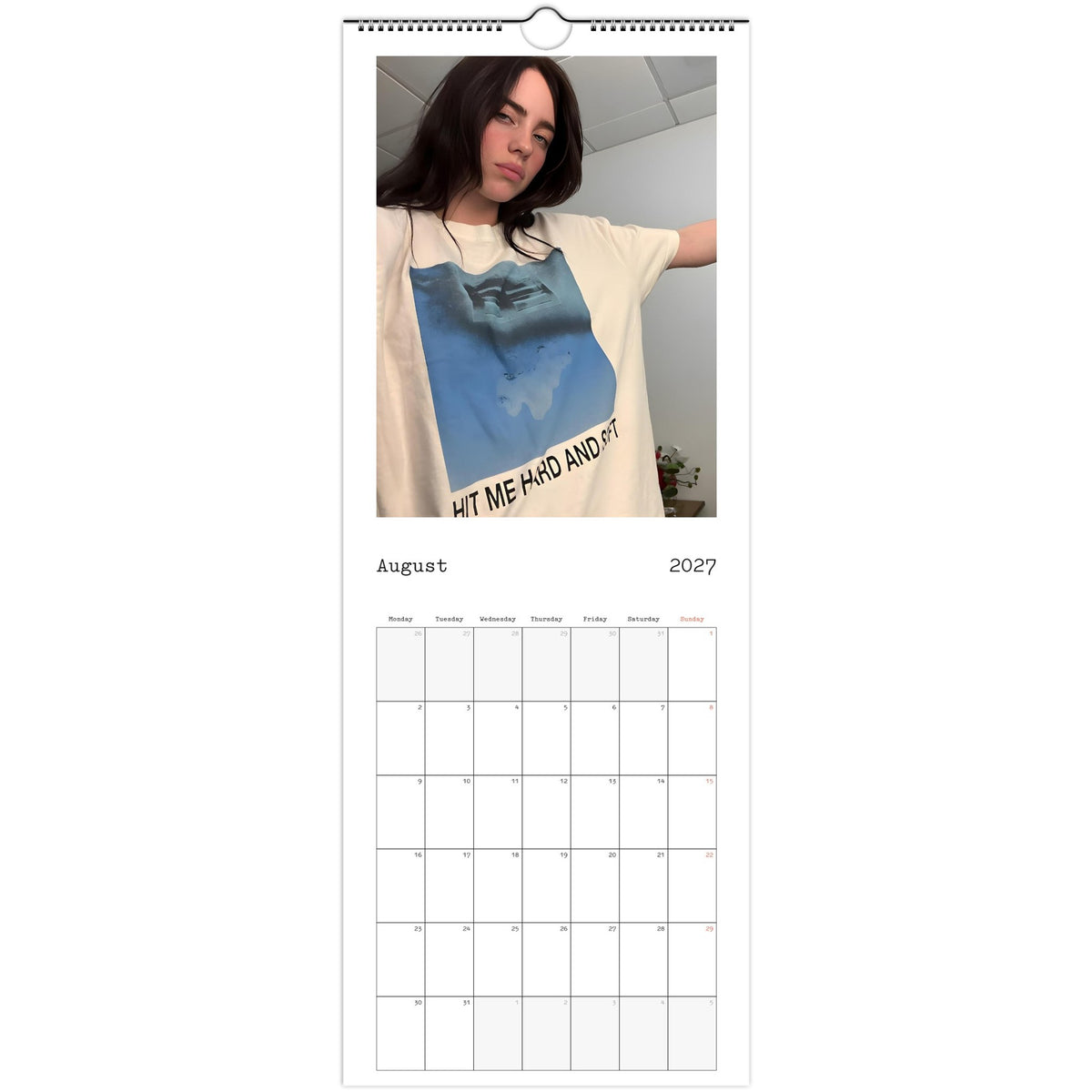 August 2027 page in Billie Eilish slim wall calendar
