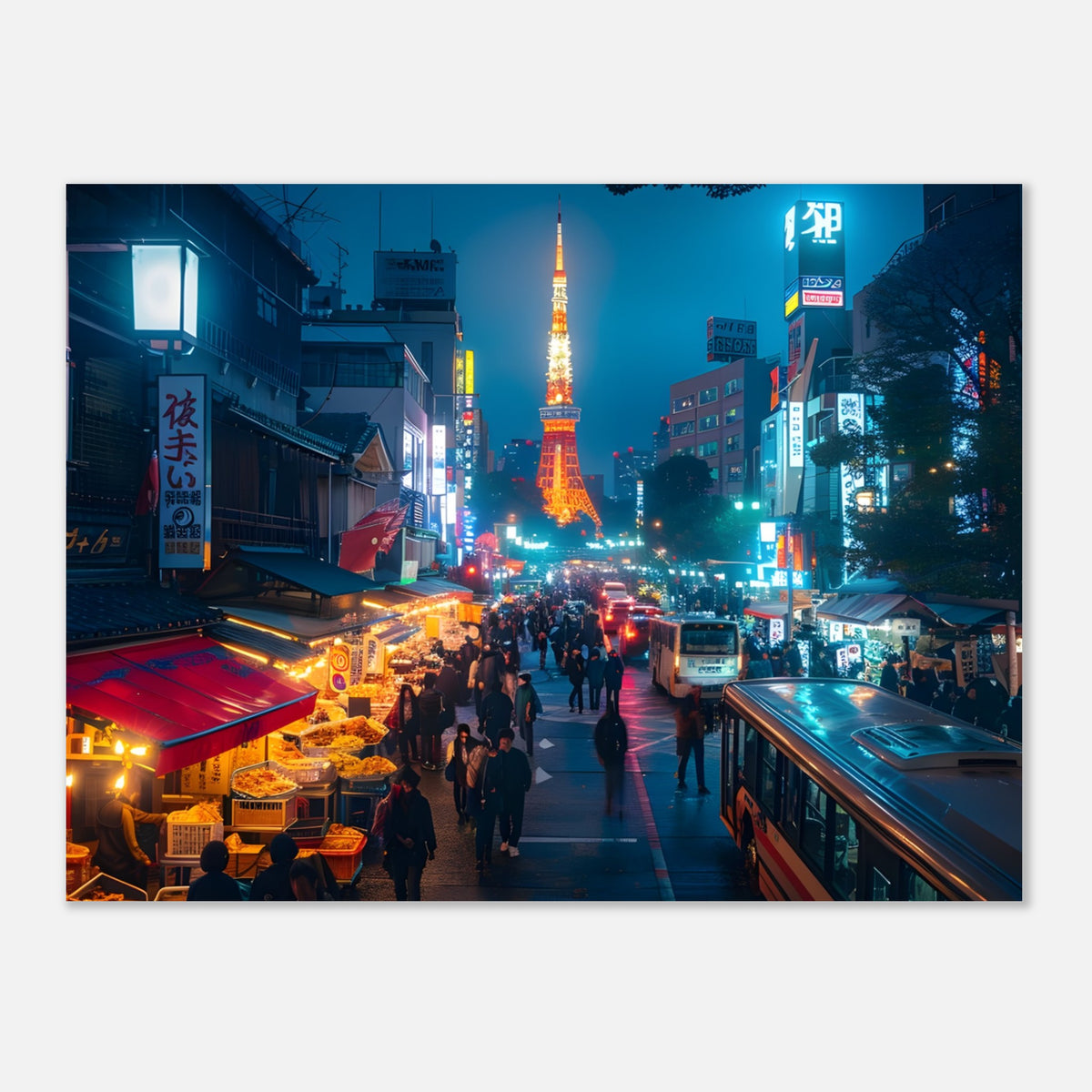 Vibrant Tokyo night scene print with colourful neon lights