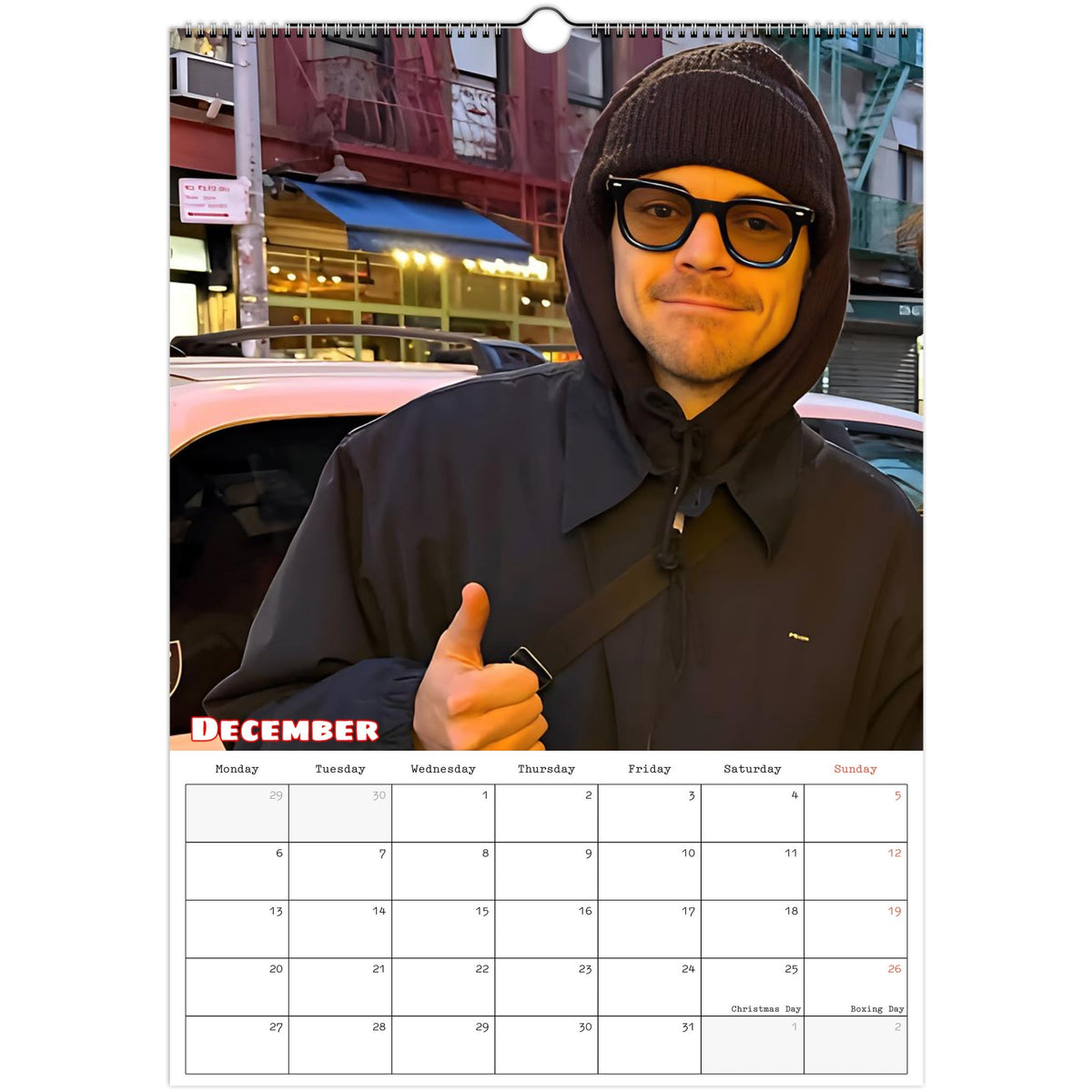 December 2027 page in Harry Styles A3 wall calendar