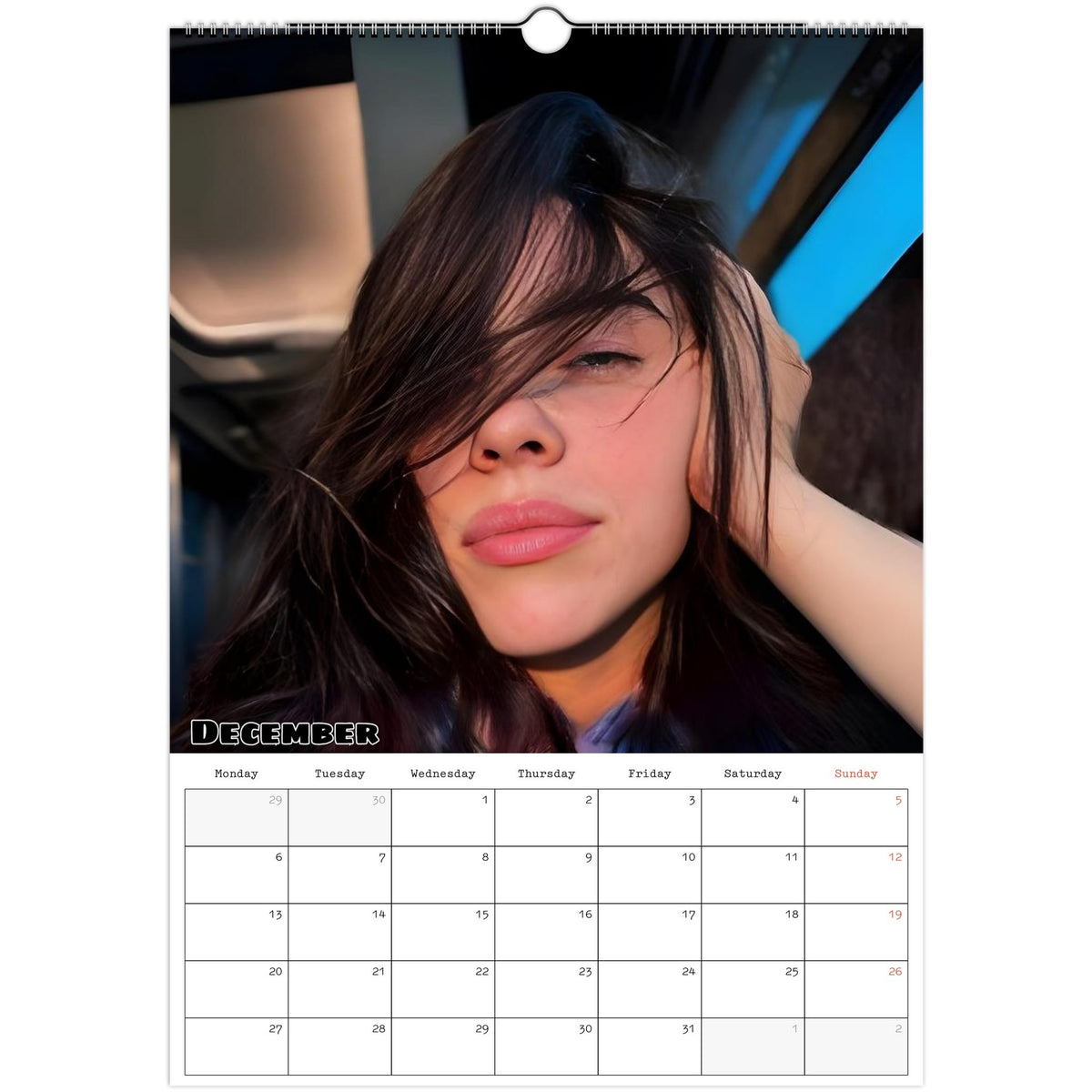 December 2027 page in Billie Eilish A3 wall calendar