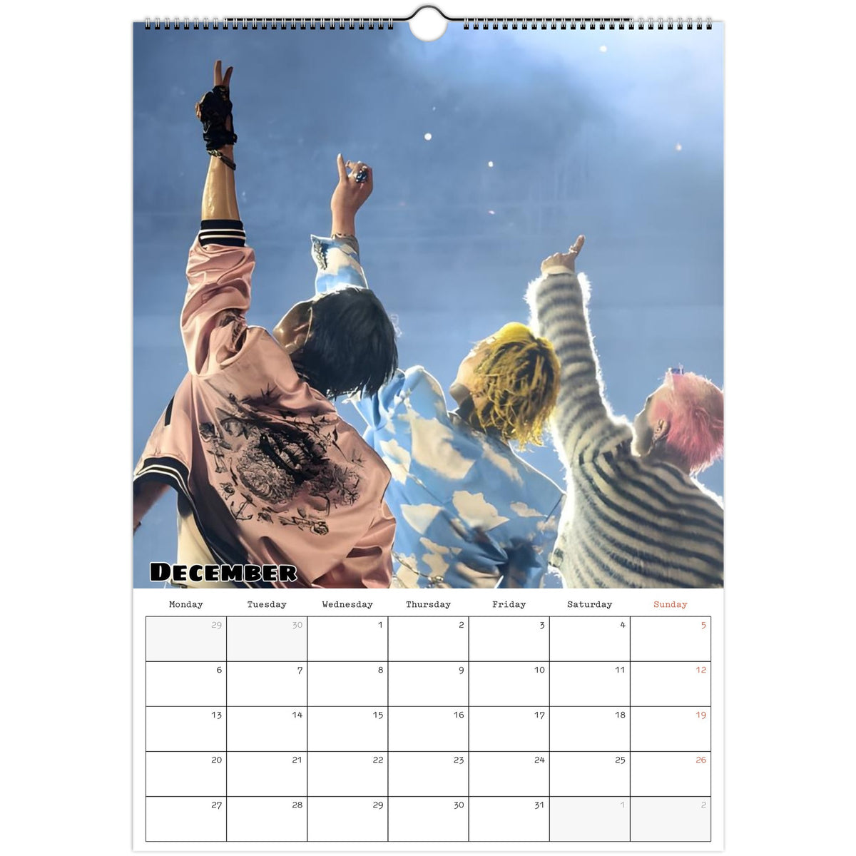 December 2027 page in BIGBANG A3 wall calendar