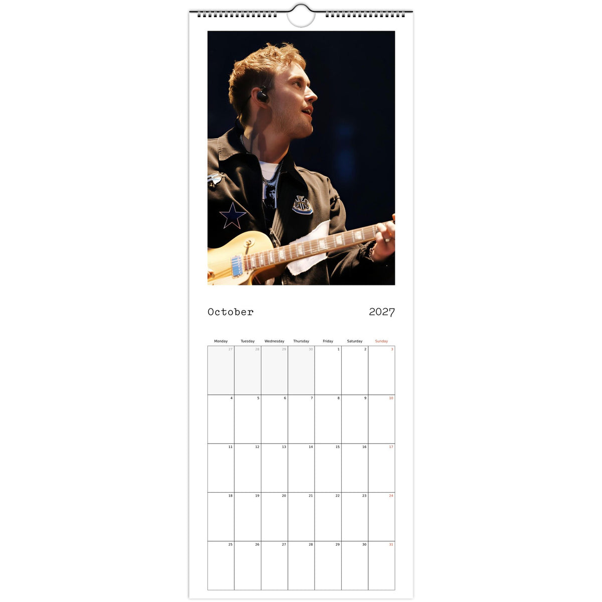 October 2027 page in Sam Fender slim wall calendar