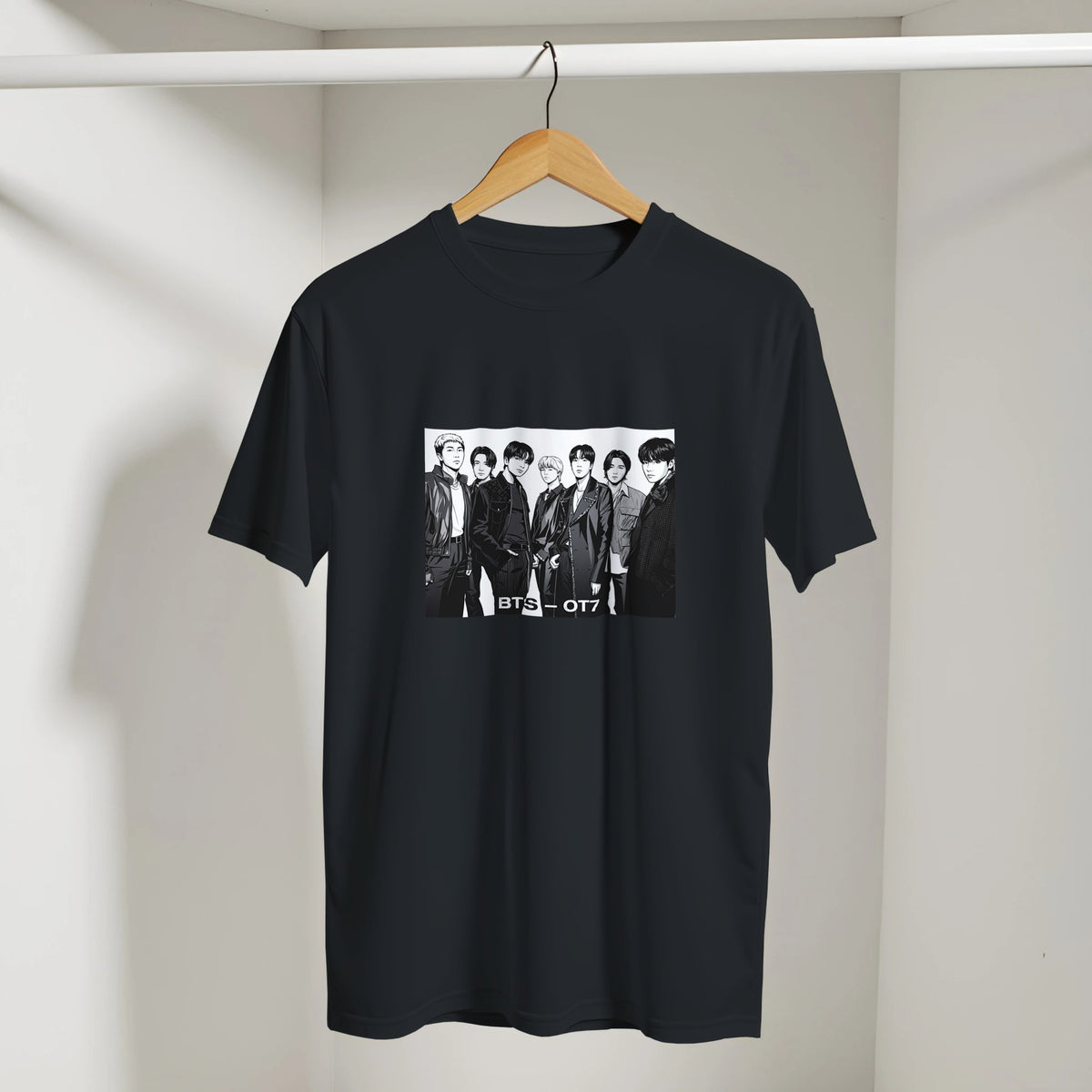 BTS ARIRANG 2026 Tour t‑shirt with arm logo hanging on clothes hanger