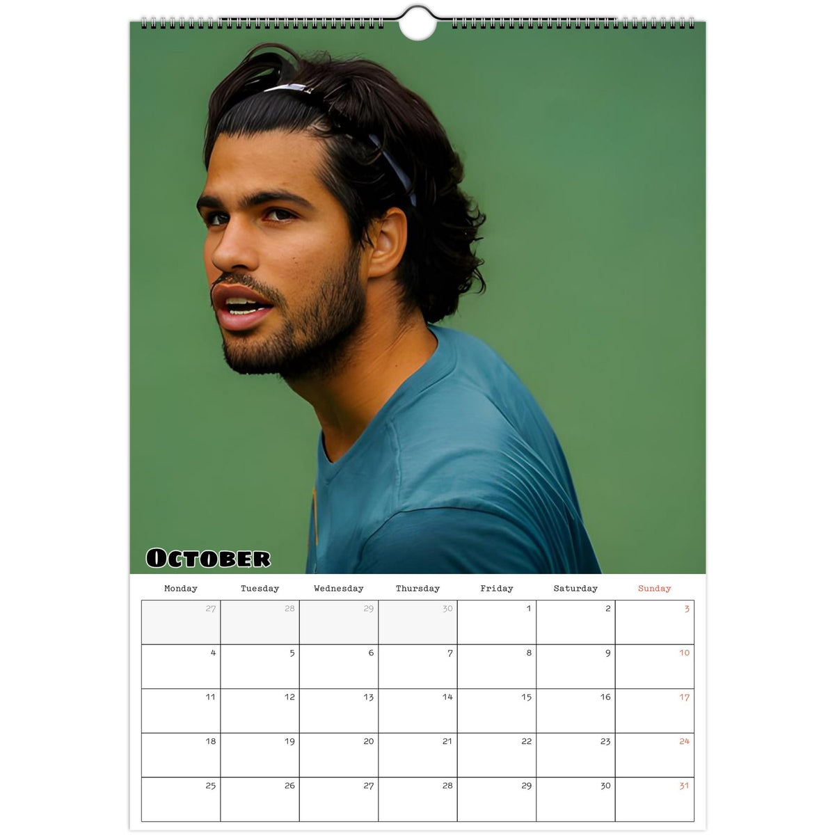 October 2027 page in Carlos Alcaraz A3 wall calendar