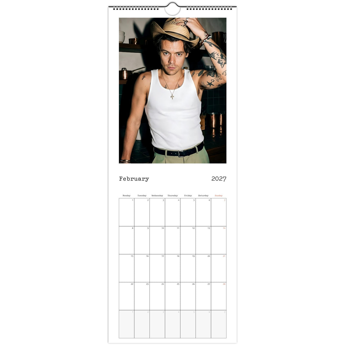February 2027 page in Harry Styles slim wall calendar