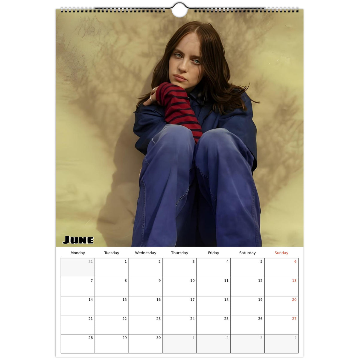 June 2027 page in Billie Eilish A3 wall calendar