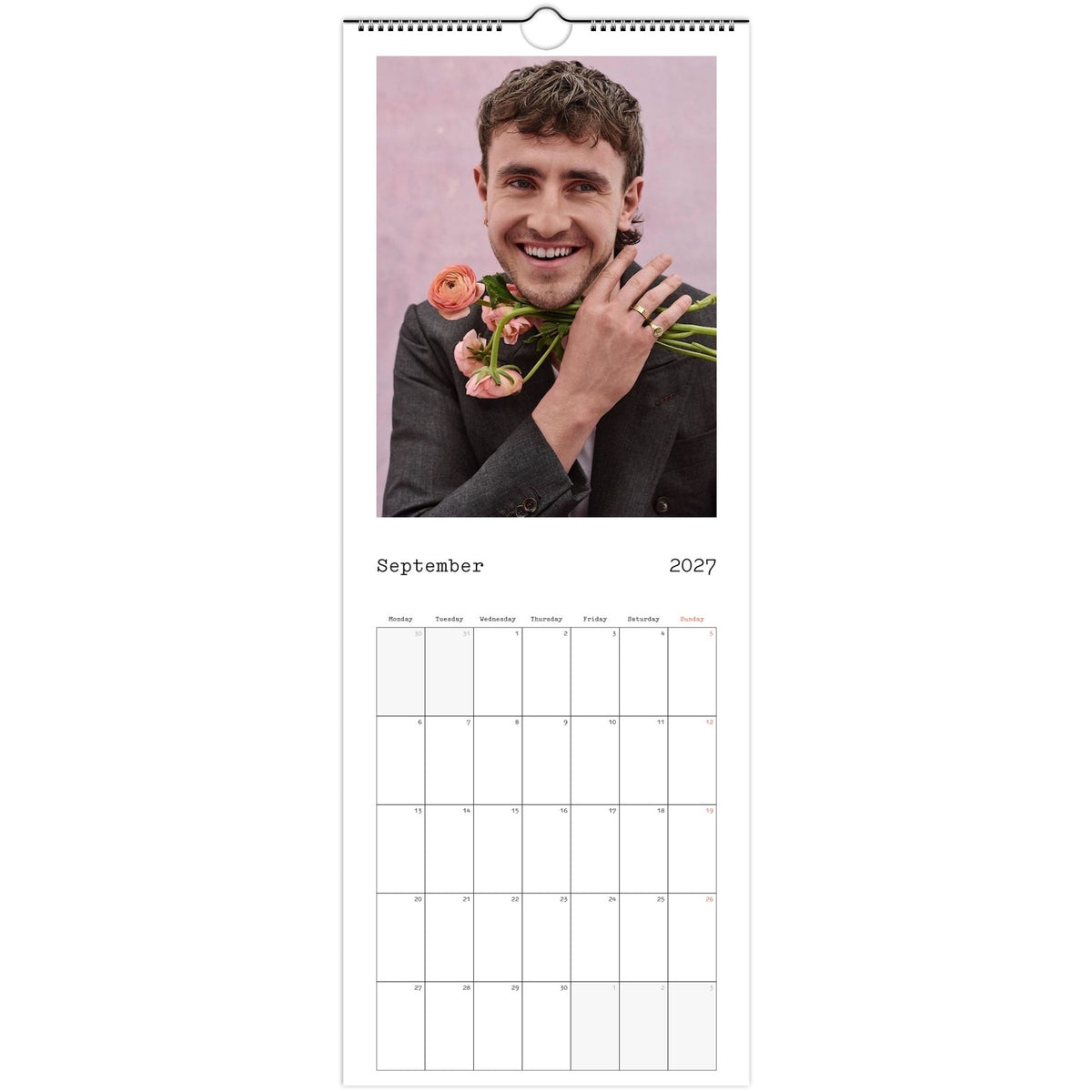 September 2027 page in Paul Mescal slim wall calendar