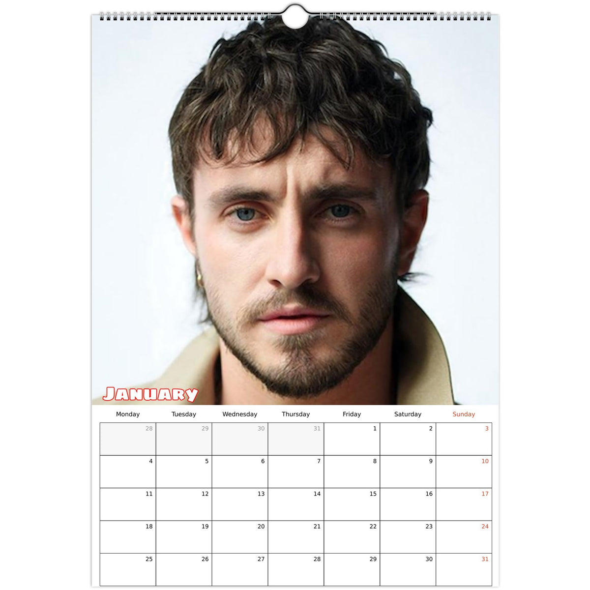 January 2027 page in Paul Mescal A3 wall calendar