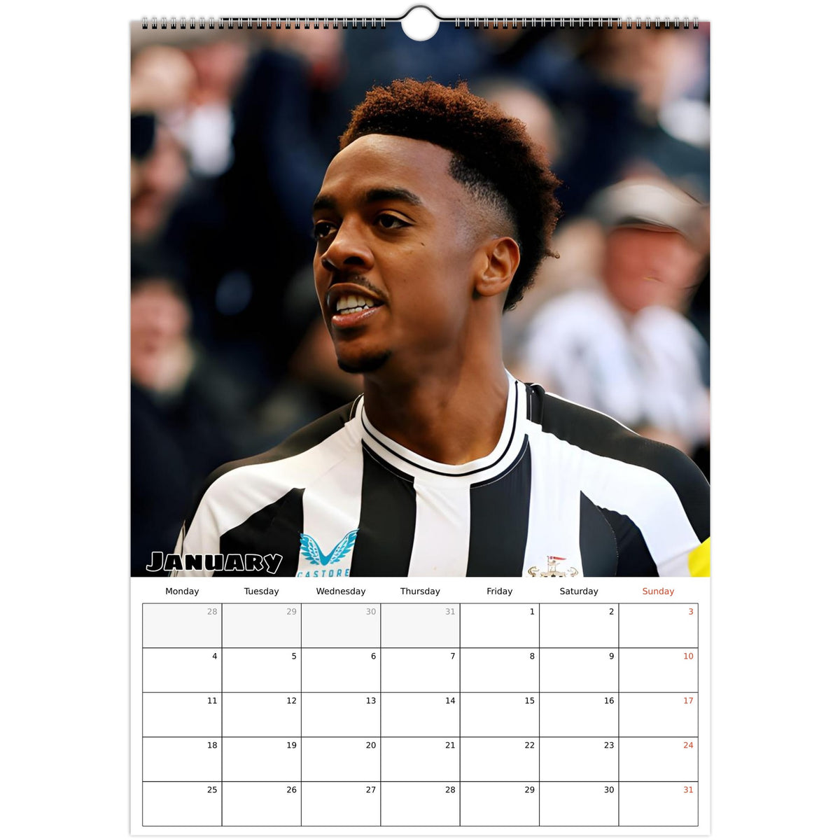 January 2027 page in Newcastle United FC A3 wall calendar