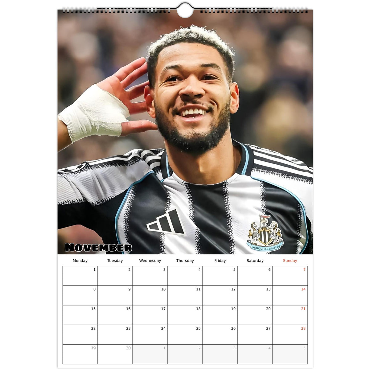 November 2027 page in Newcastle United FC A3 wall calendar