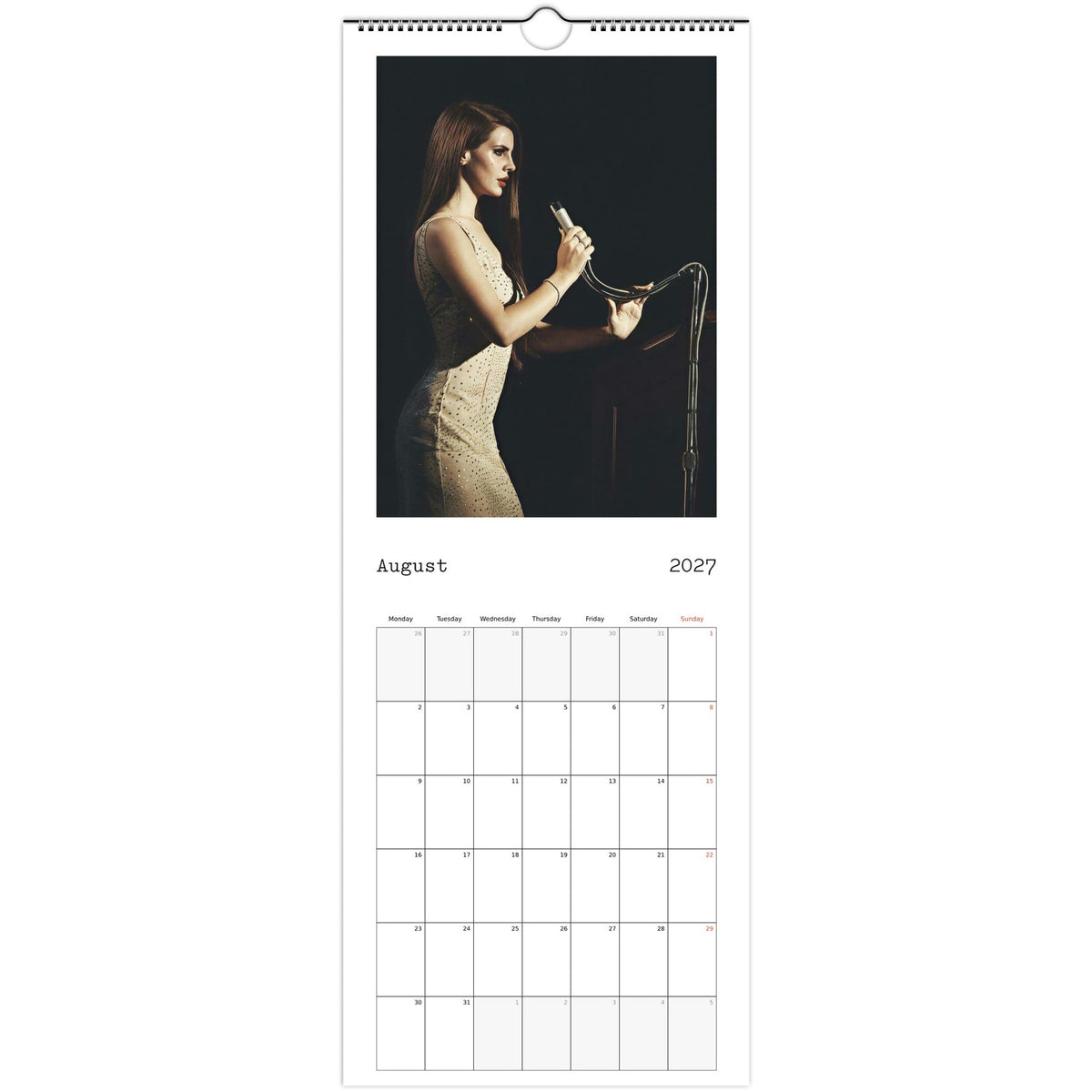 August 2027 page in Lana Del Rey slim wall calendar