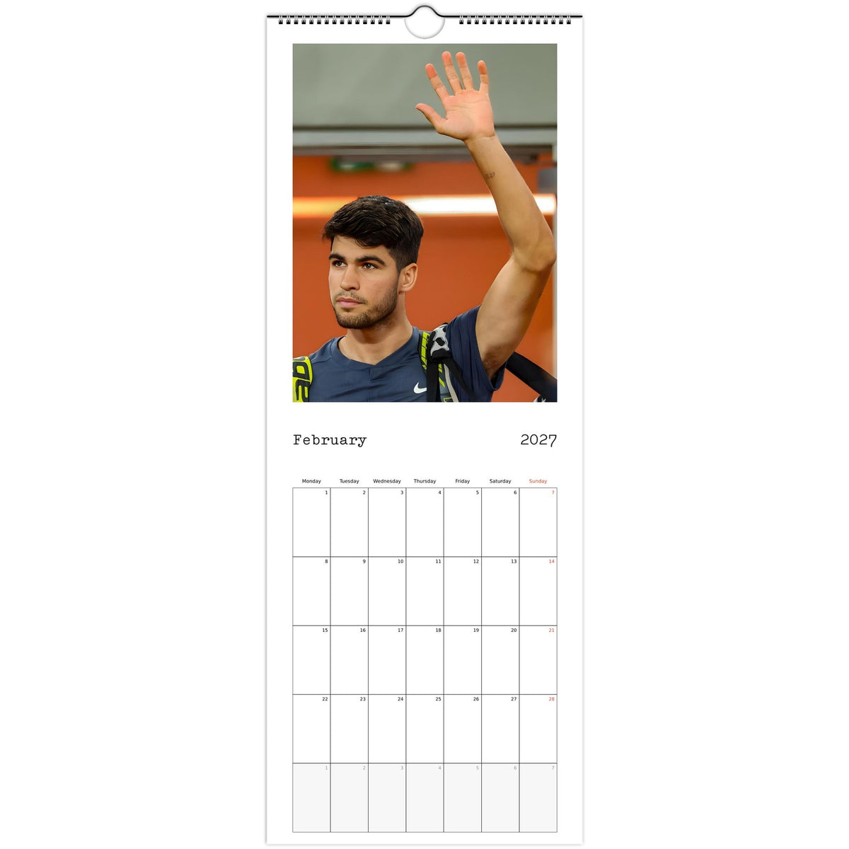 February 2027 page in Carlos Alcaraz slim wall calendar