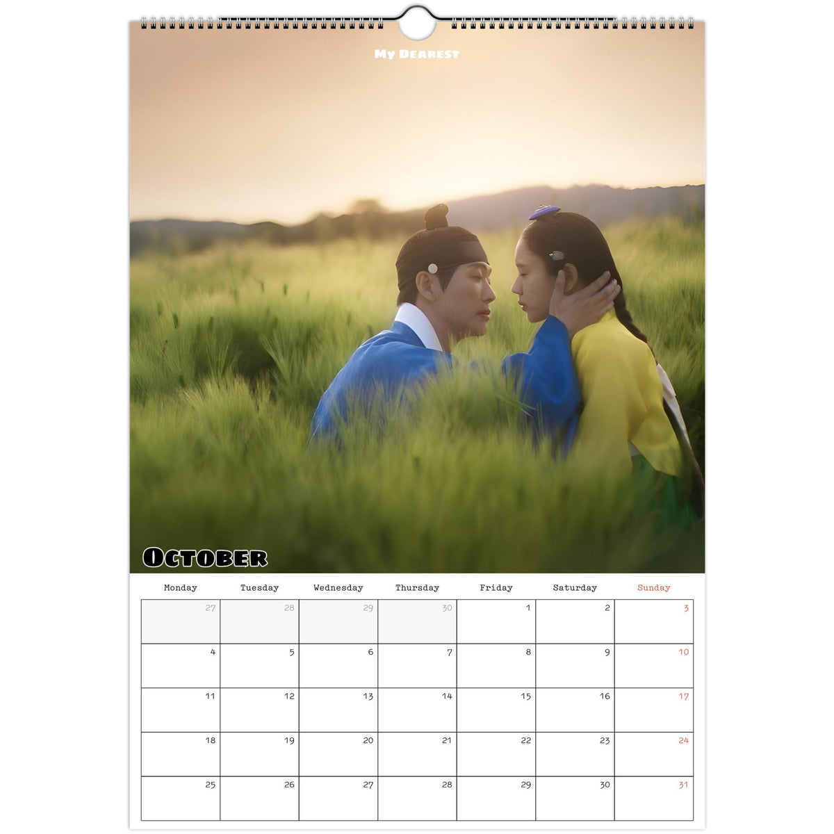 October 2027 page in Classic Romantic K-Drama A3 wall calendar