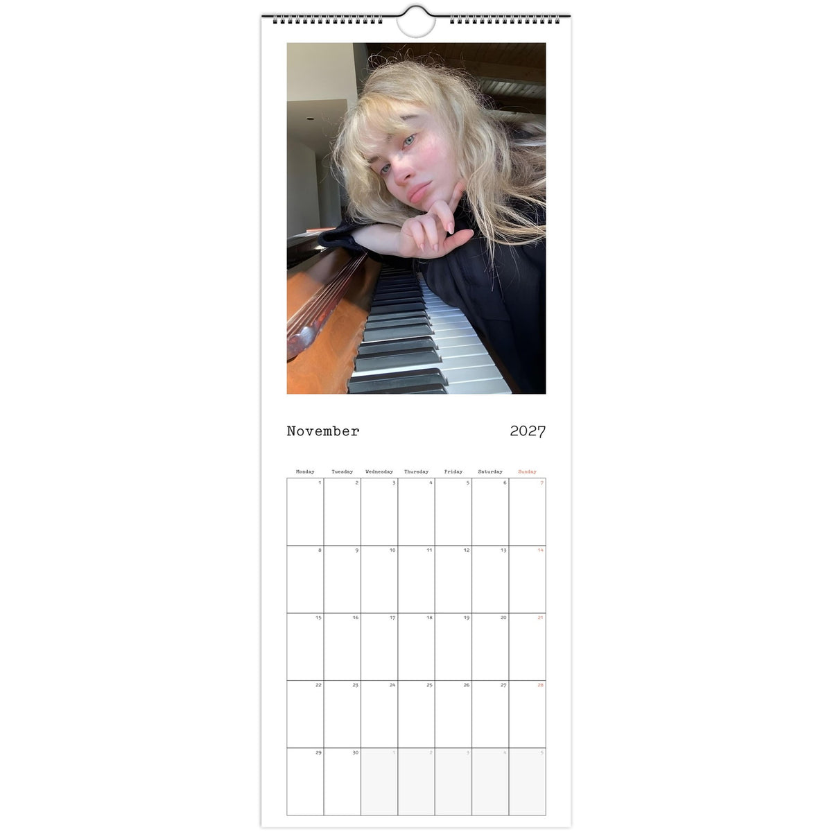 November 2027 page in Sabrina Carpenter slim wall calendar