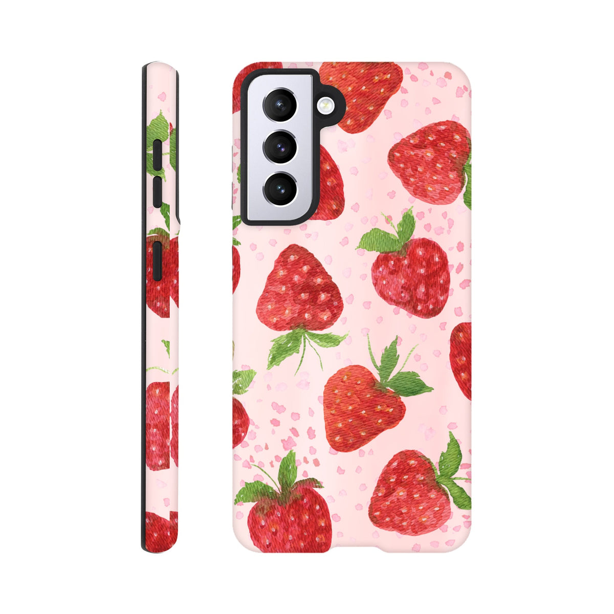 Dual‑layer Samsung case featuring vibrant strawberry pattern
