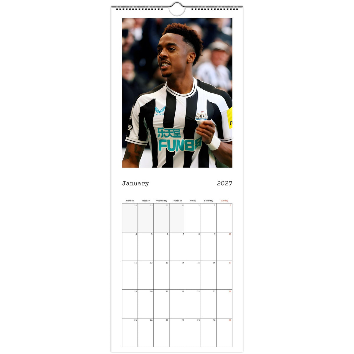 January 2027 page in Newcastle United FC slim wall calendar