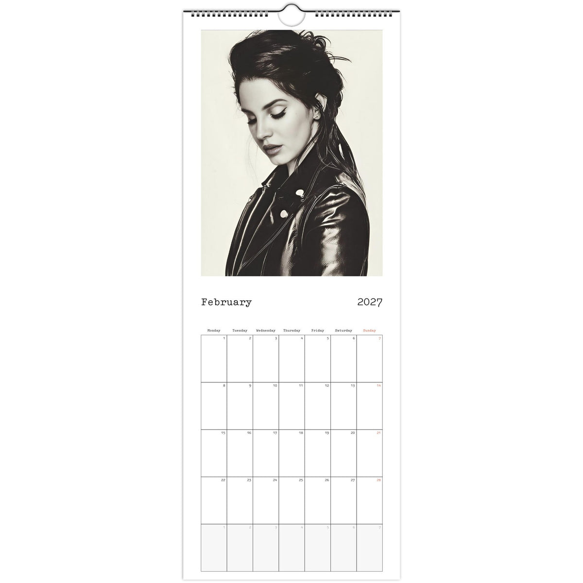 February 2027 page in Lana Del Rey slim wall calendar