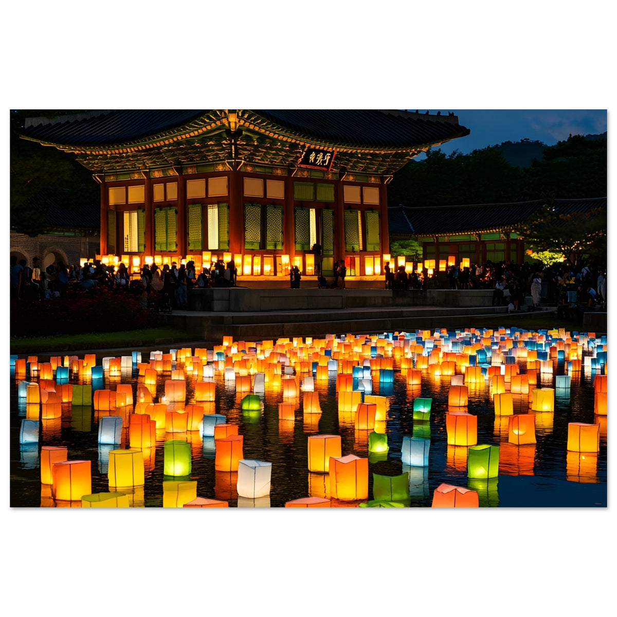 Night sky poster with glowing Korean floating lanterns