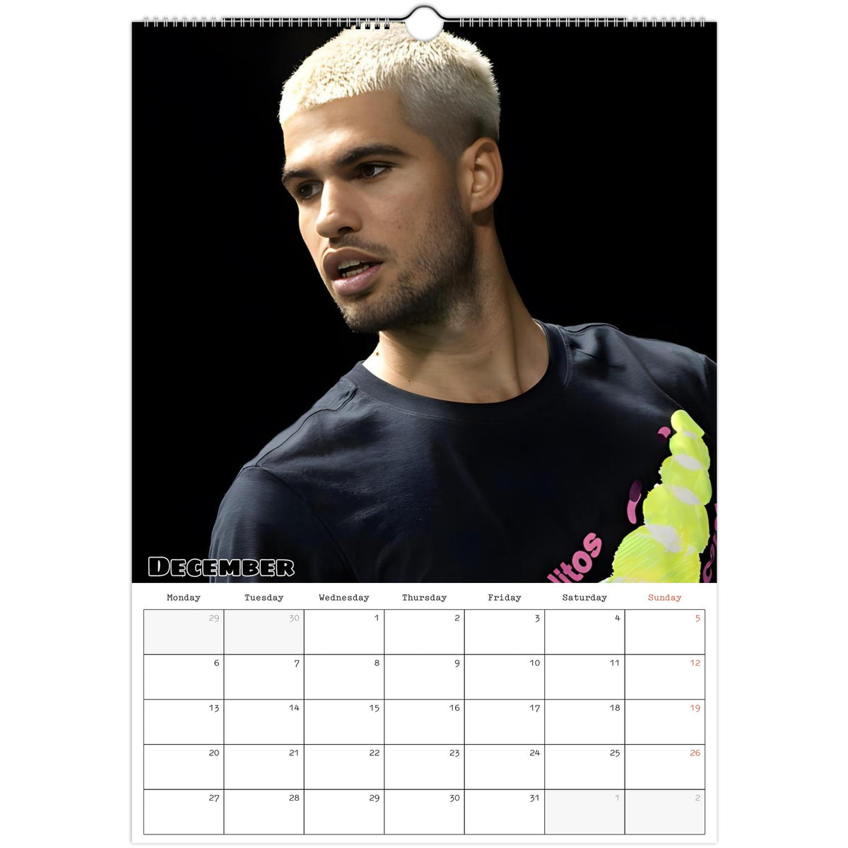December 2027 page in Carlos Alcaraz A3 wall calendar