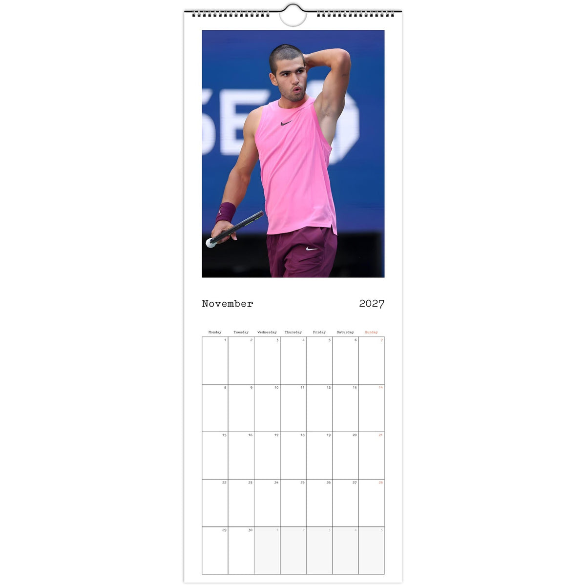 November 2027 page in Carlos Alcaraz slim wall calendar