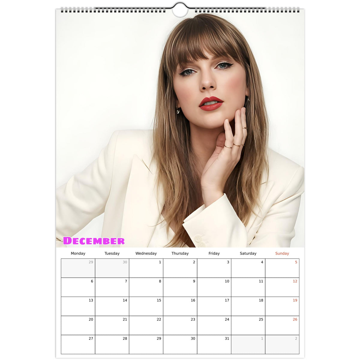 December 2027 page in Taylor Swift A3 wall calendar