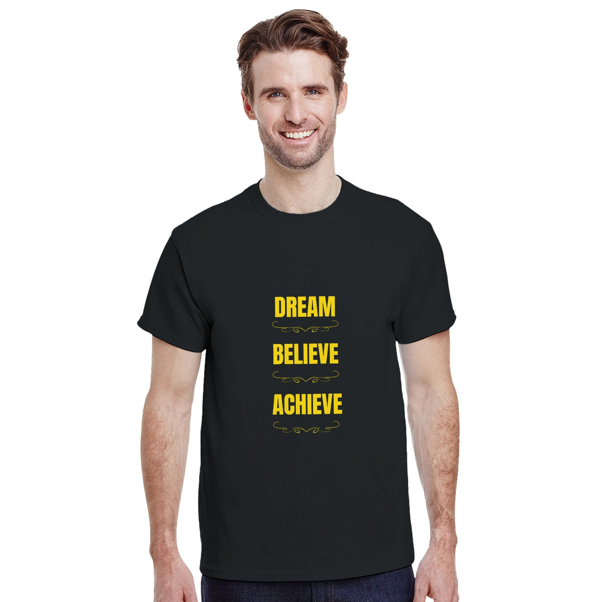 Motivational cotton tee with bold Dream Believe Achieve typography