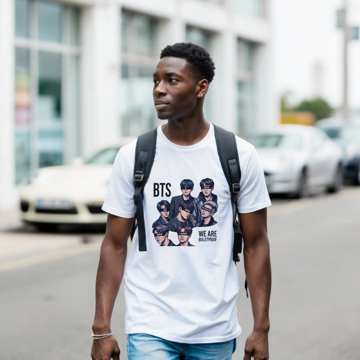 BTS white cotton t‑shirt sizes S–XL