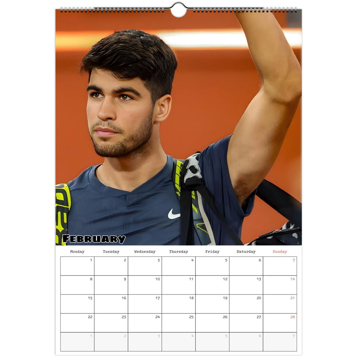 February 2027 page in Carlos Alcaraz A3 wall calendar