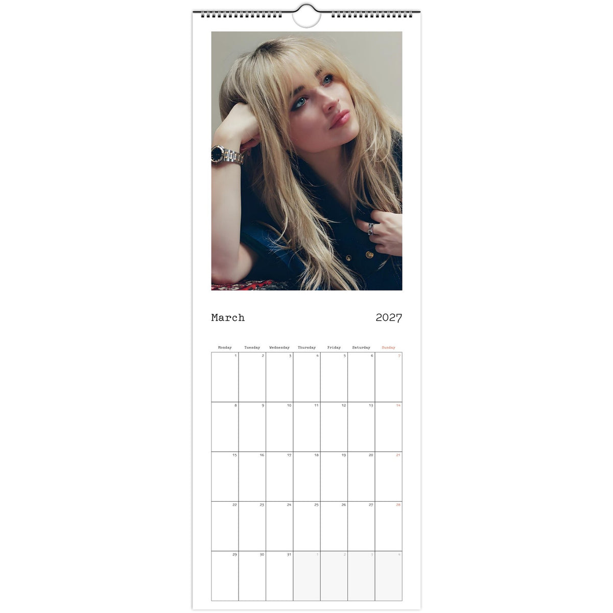 March 2027 page in Sabrina Carpenter slim wall calendar