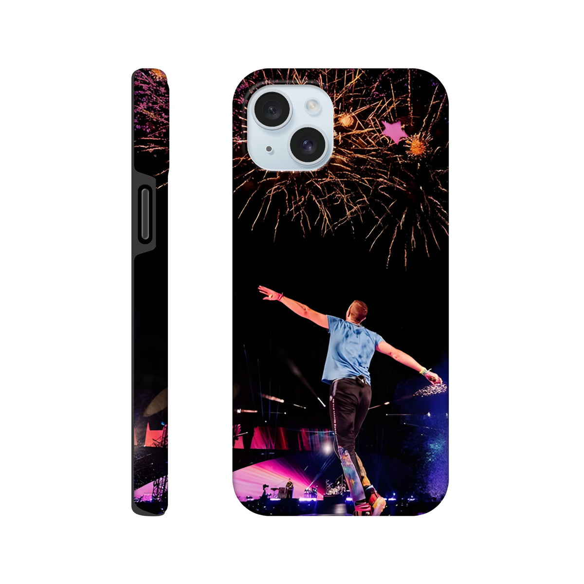 Protective iPhone case with Chris Martin and fireworks design