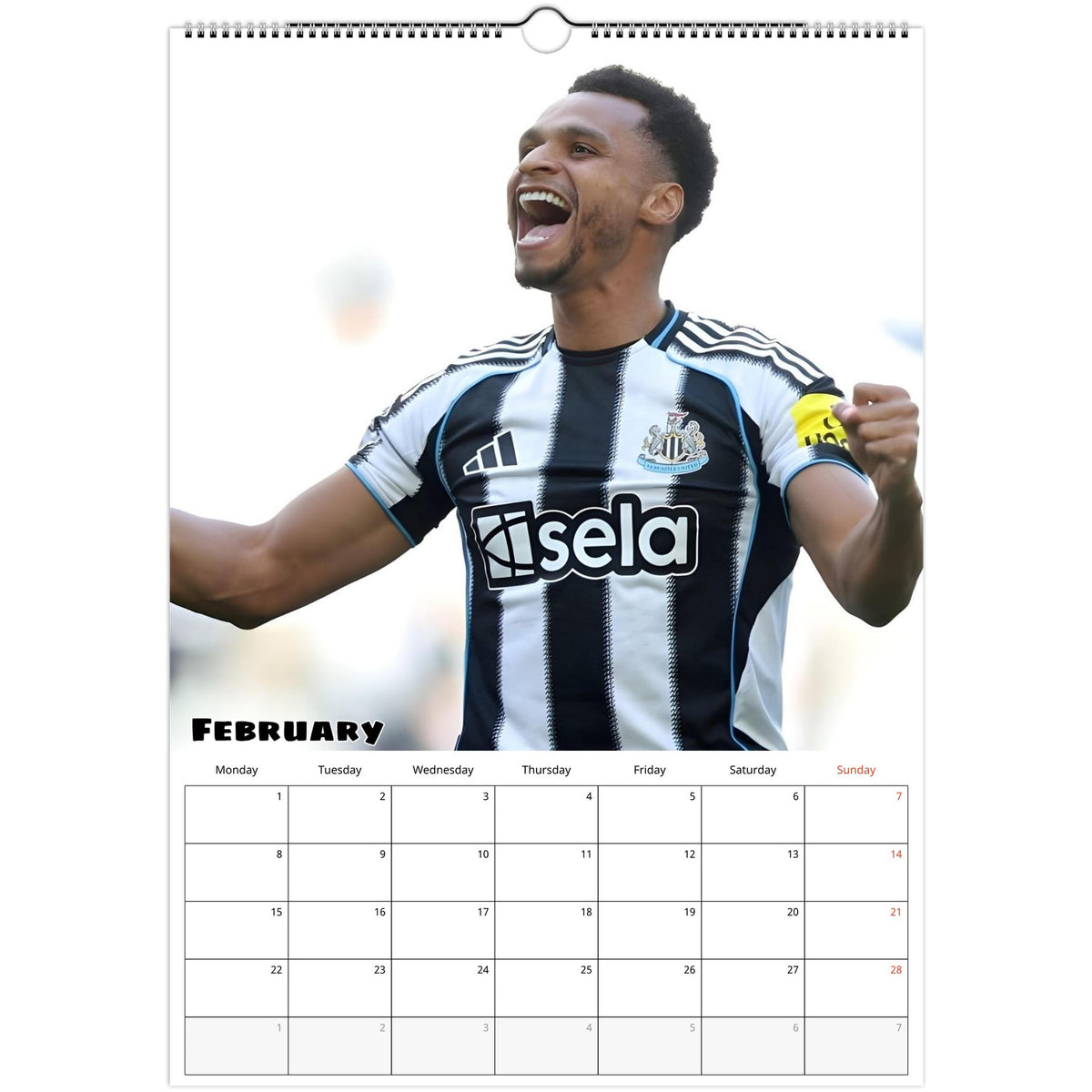 February 2027 page in Newcastle United FC A3 wall calendar
