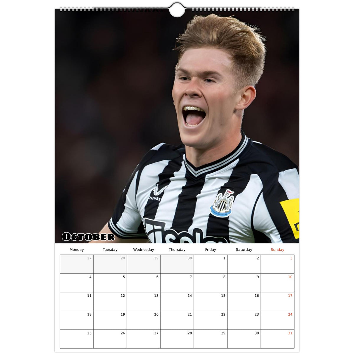 October 2027 page in Newcastle United FC A3 wall calendar
