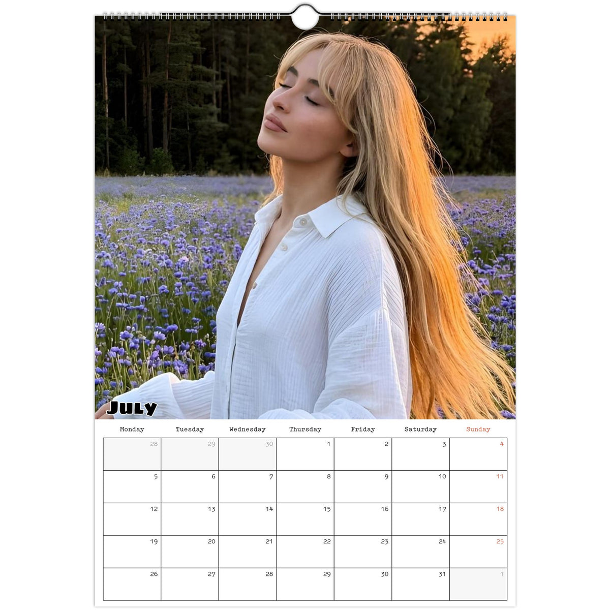 July 2027 page in Sabrina Carpenter A3 wall calendar