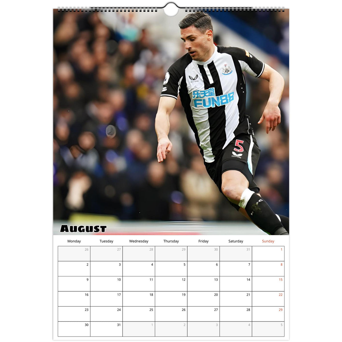 August 2027 page in Newcastle United FC A3 wall calendar