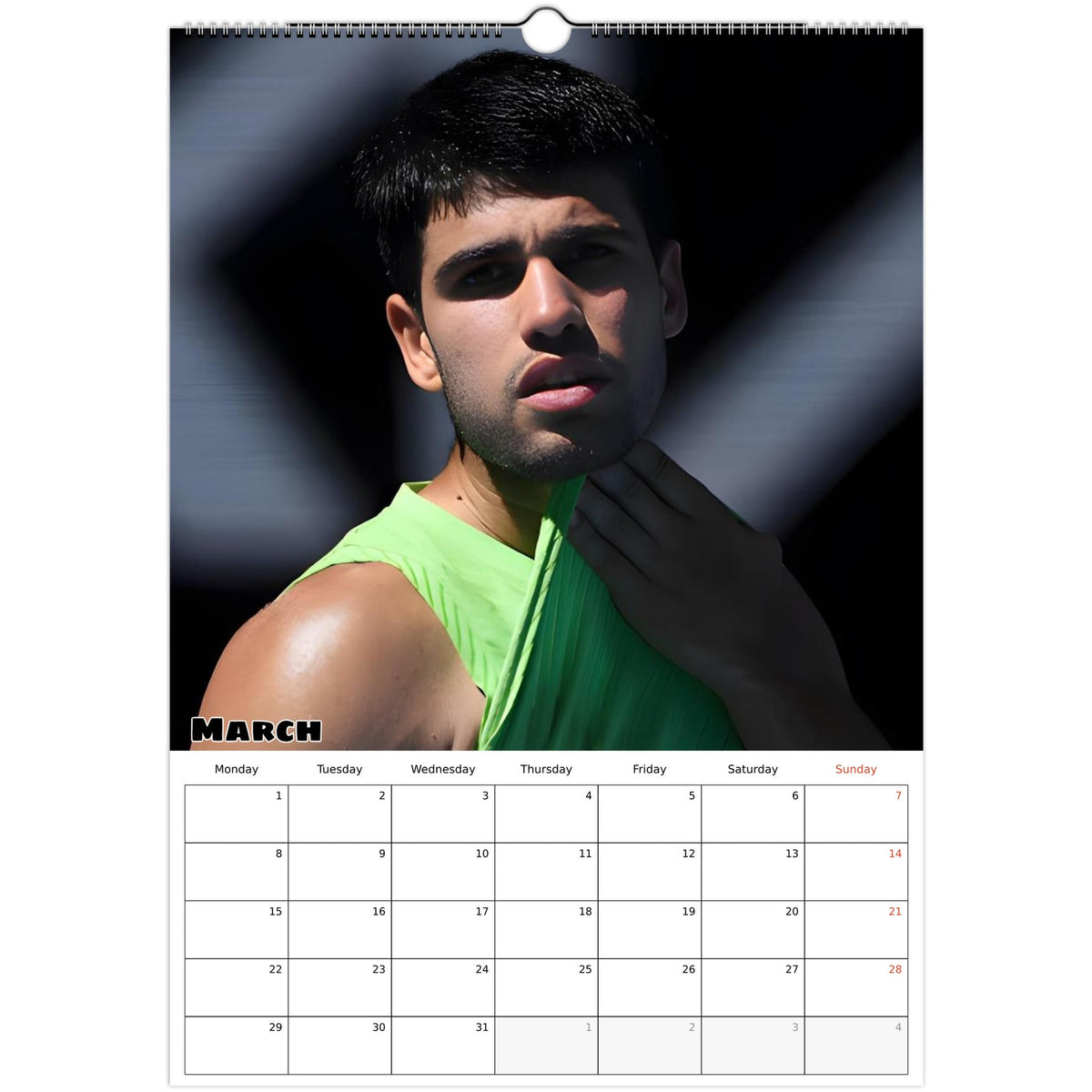 March 2027 page in Carlos Alcaraz A3 wall calendar