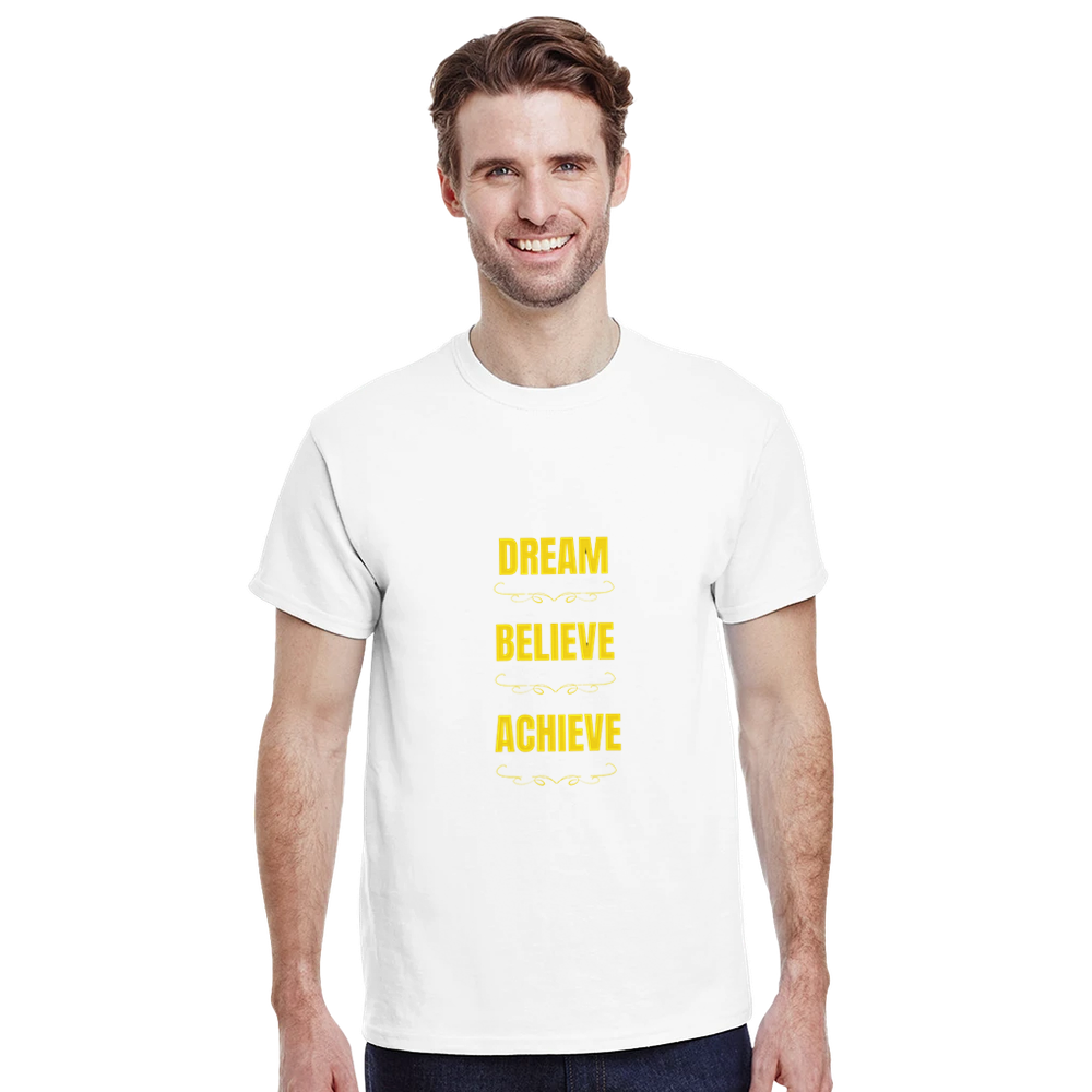 Uplifting motivational tee featuring bold Dream Believe Achieve print