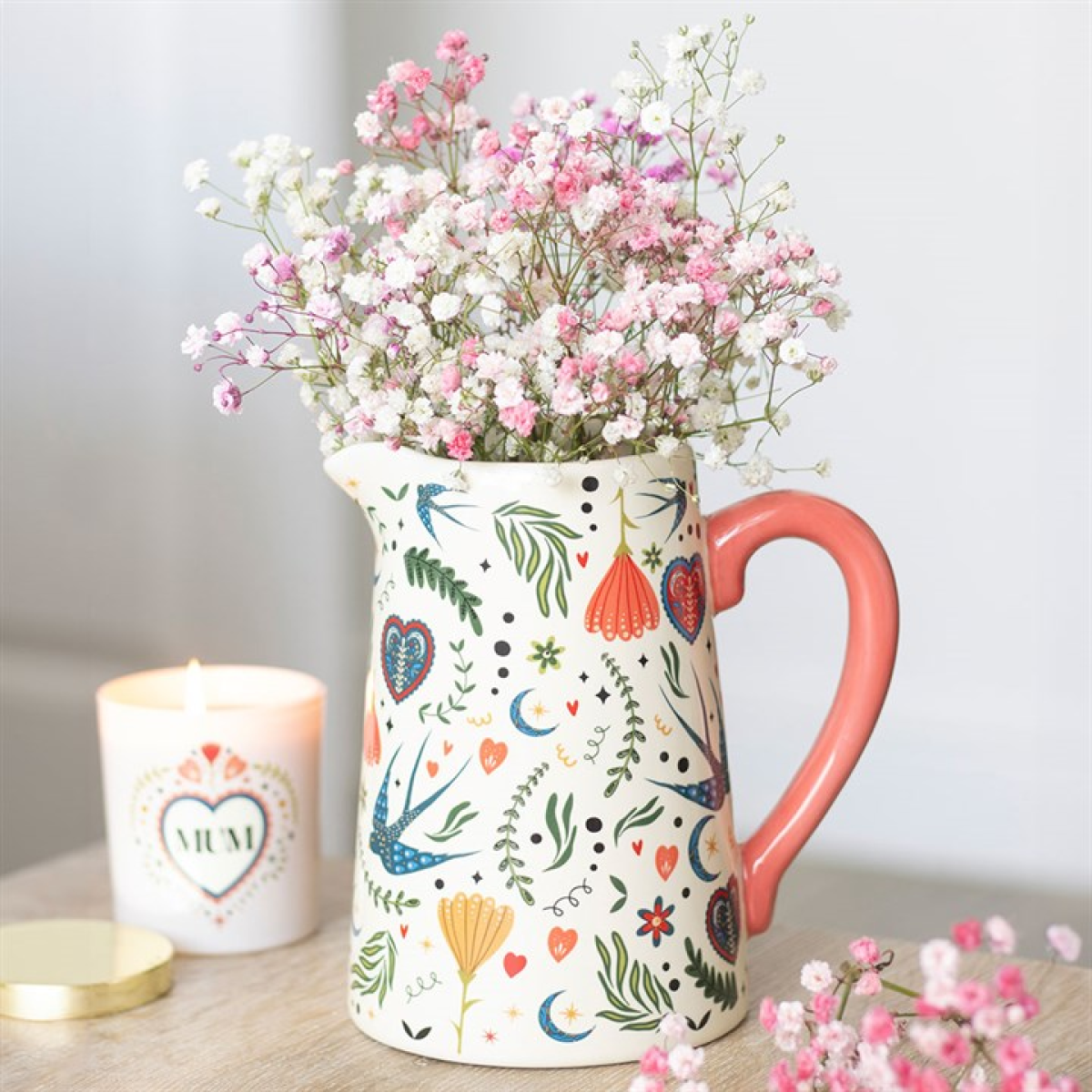 Cream ceramic flower jug with folk floral print design